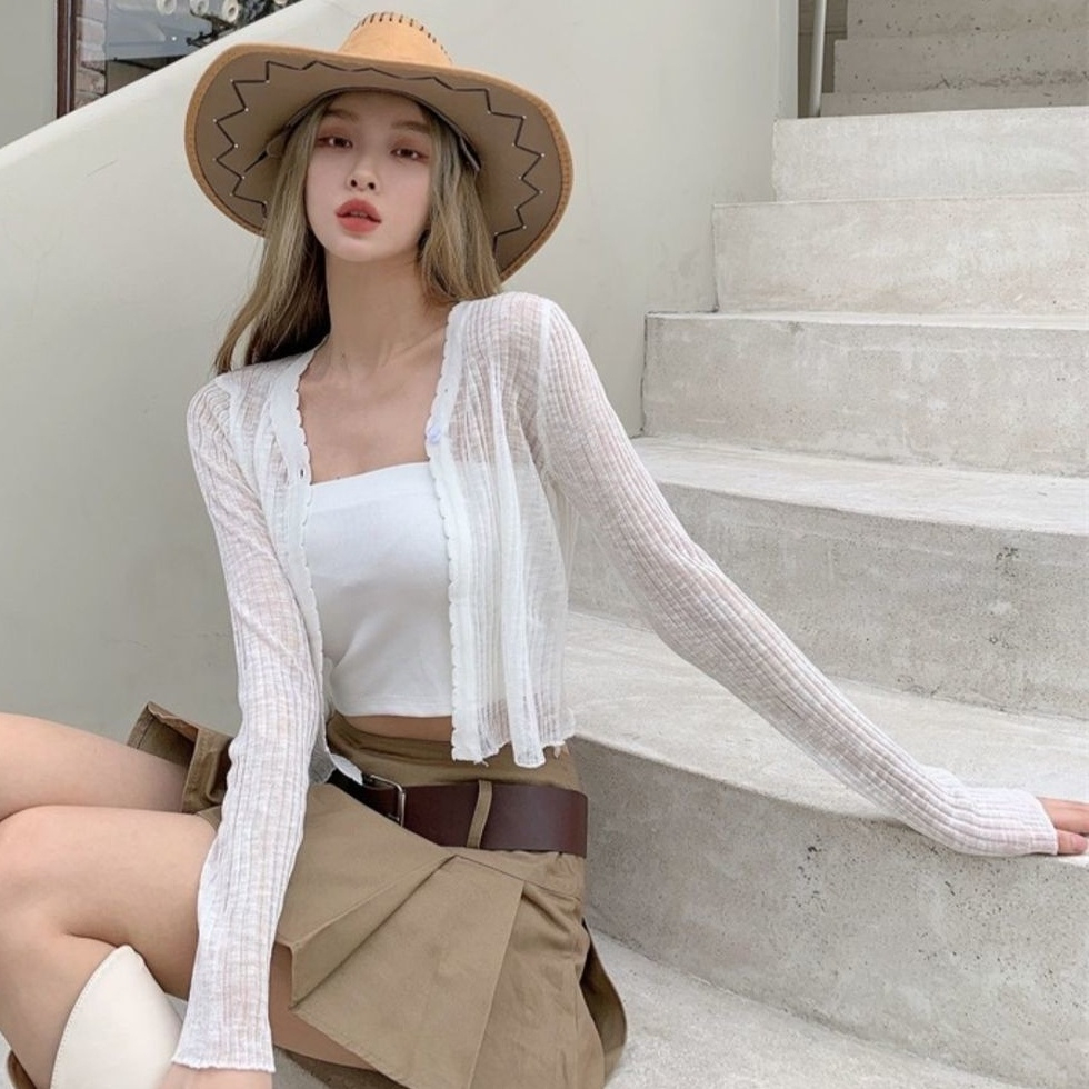 Áo khoác len cardigan dáng croptop mỏng 1 cúc  dáng Hàn Quốc