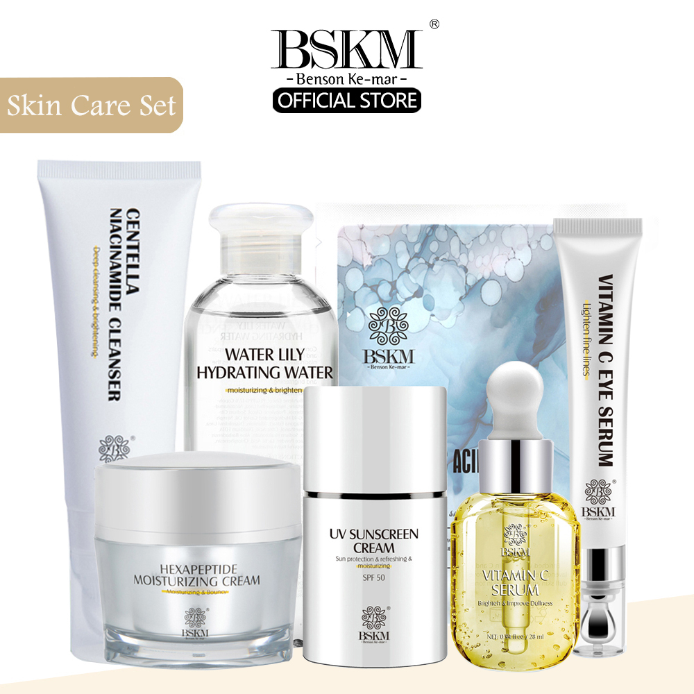 Bộ 7 sản phẩm BSKM gồm serum vitamin C + kem mắt + kem dưỡng + kem chống nắng Uv + Toner + kem dưỡng ẩm + sữa rửa mặt