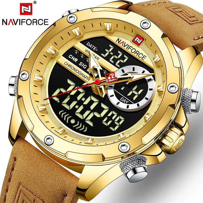 Naviforce nam đồng hồ thể thao kỹ thuật số thương hiệu hàng đầu người đàn ông sang trọng đồng hồ đeo tay quân sự da thật led quartz đồng hồ nam doanh nhân