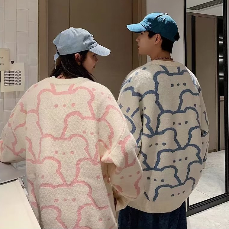 Áo Sweater Tay Dài Dáng Rộng In Họa Tiết Gấu Hoạt Hình Phong Cách Hàn Quốc Thời Trang Cho Cặp Đôi