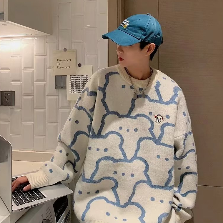 Áo Sweater Tay Dài Dáng Rộng In Họa Tiết Gấu Hoạt Hình Phong Cách Hàn Quốc Thời Trang Cho Cặp Đôi