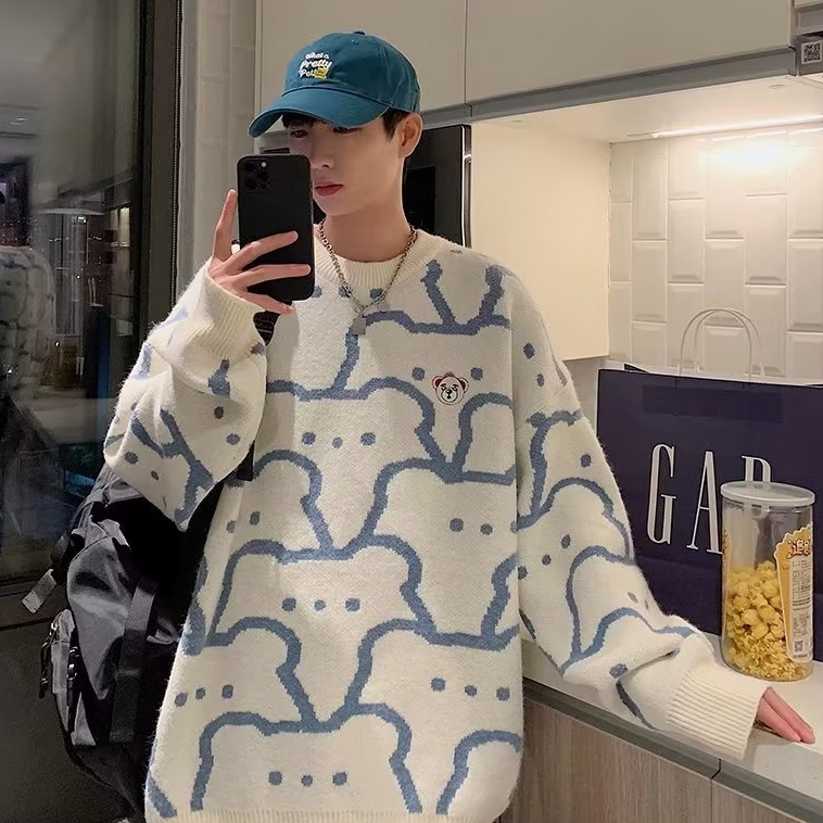 Áo Sweater Tay Dài Dáng Rộng In Họa Tiết Gấu Hoạt Hình Phong Cách Hàn Quốc Thời Trang Cho Cặp Đôi