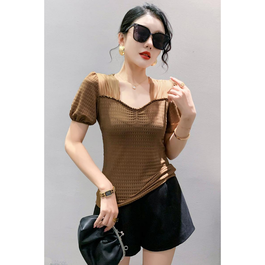 Áo Thun Tay Ngắn Phồng Cổ Vuông Phối Ren Phong Cách Hàn Quốc Thời Trang Mùa Hè 2023 Size 3XL
