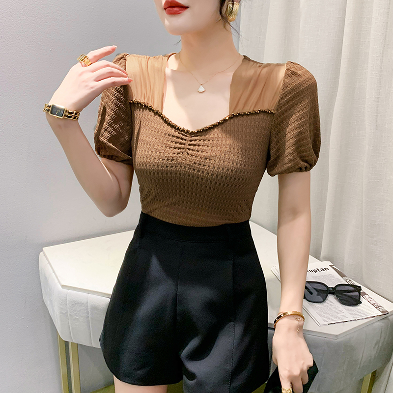 Áo Thun Tay Ngắn Phồng Cổ Vuông Phối Ren Phong Cách Hàn Quốc Thời Trang Mùa Hè 2023 Size 3XL