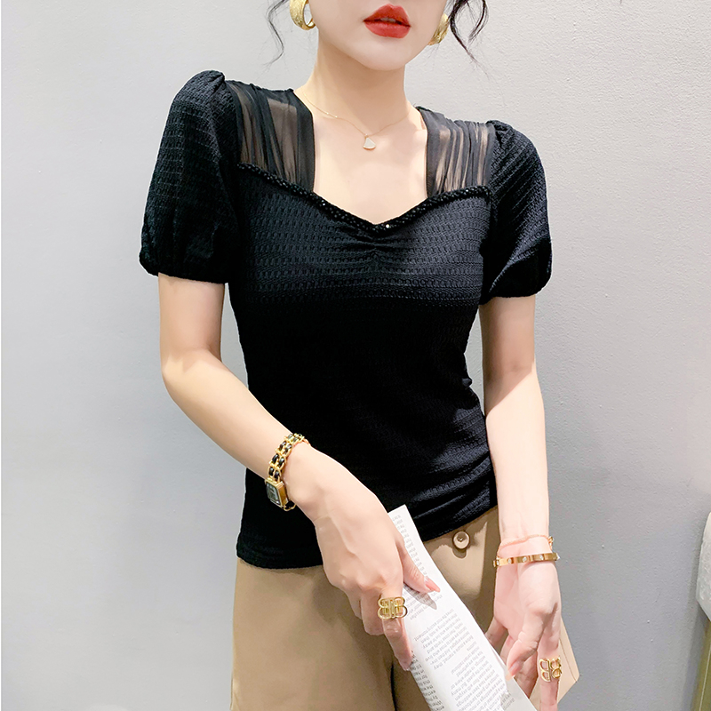 Áo Thun Tay Ngắn Phồng Cổ Vuông Phối Ren Phong Cách Hàn Quốc Thời Trang Mùa Hè 2023 Size 3XL