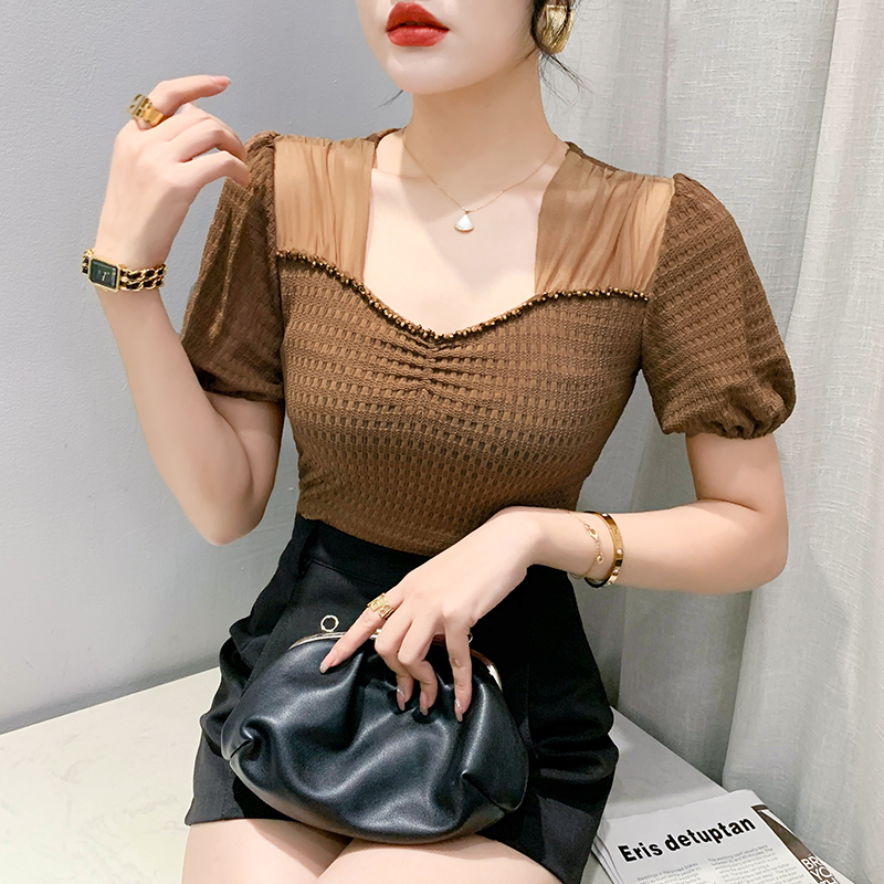 Áo Thun Tay Ngắn Phồng Cổ Vuông Phối Ren Phong Cách Hàn Quốc Thời Trang Mùa Hè 2023 Size 3XL