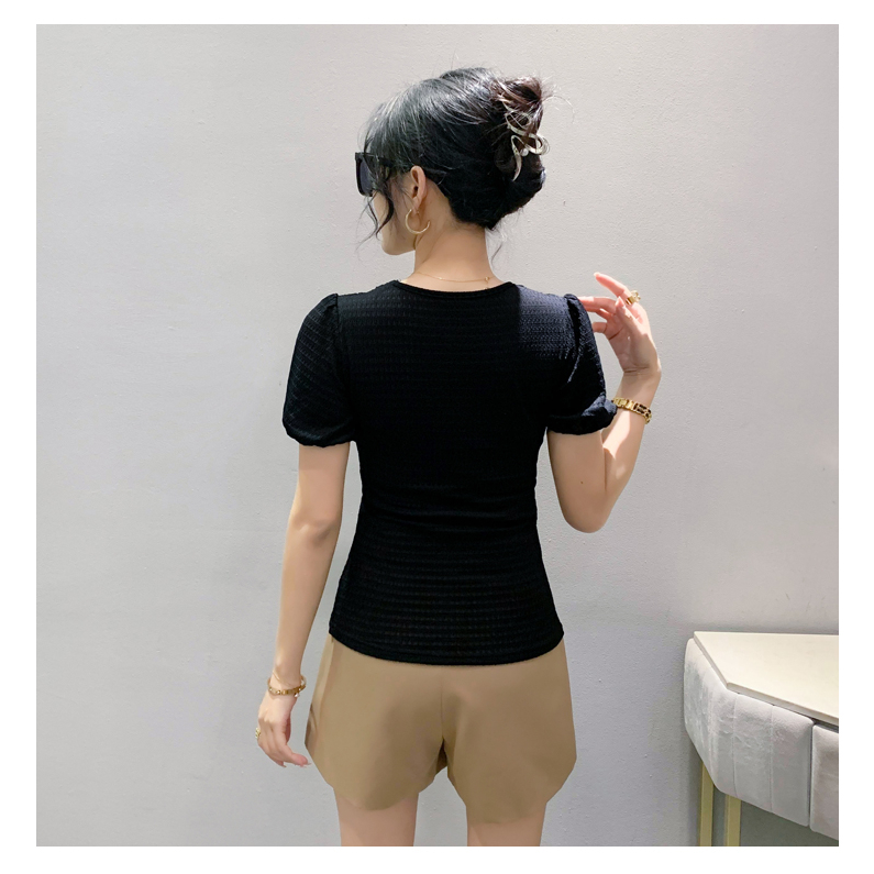 Áo Thun Tay Ngắn Phồng Cổ Vuông Phối Ren Phong Cách Hàn Quốc Thời Trang Mùa Hè 2023 Size 3XL