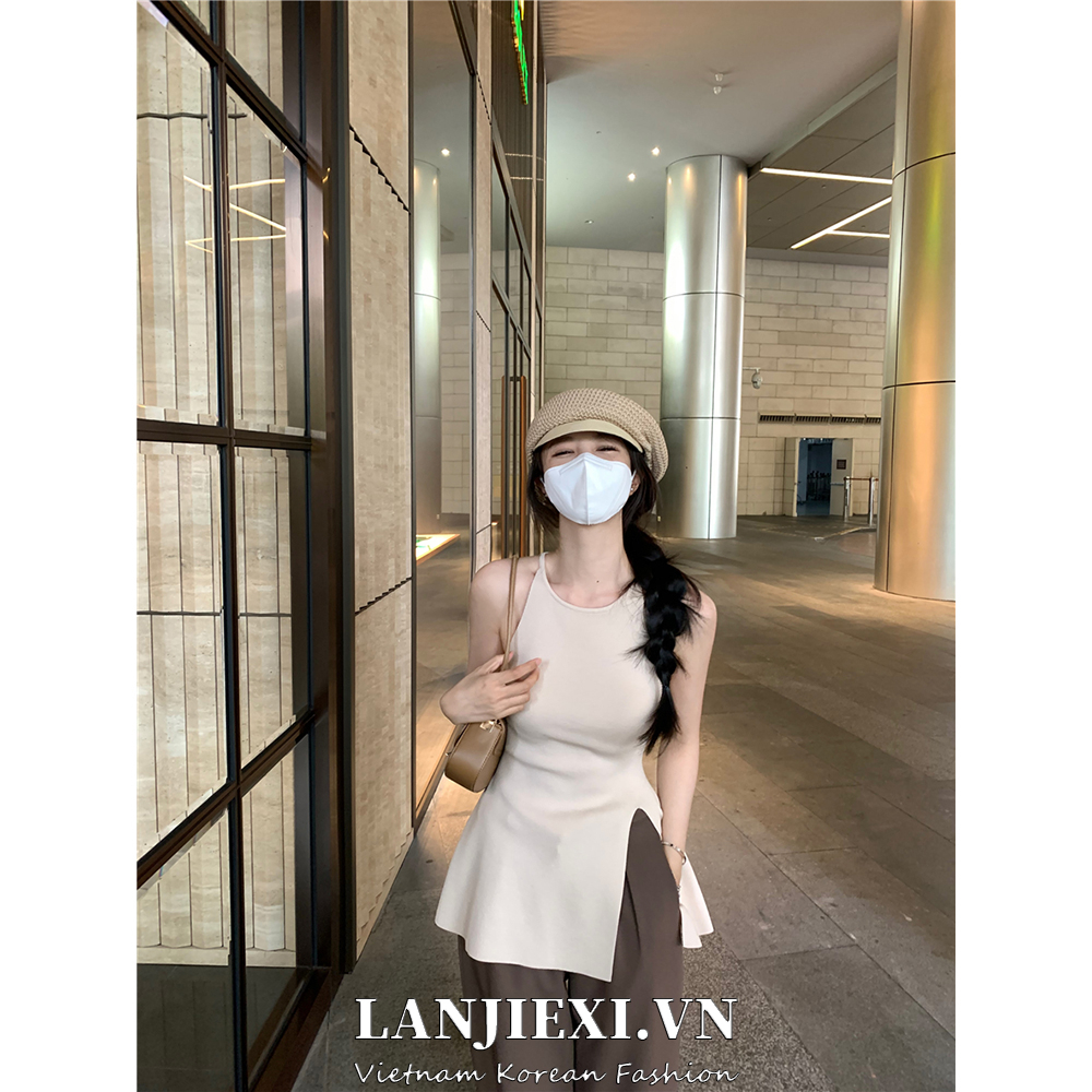 LANJIEXI Áo Tank top Ôm Dáng Xẻ Tà Thời Trang Mùa Hè Quyến Rũ Cho Nữ Y2K