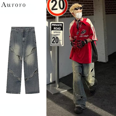 Quần bò rách gối unisex from rộng quần jean ống rộng nam hiphop quần jean nam rách gối Cao Cấp denim quần baggy rách