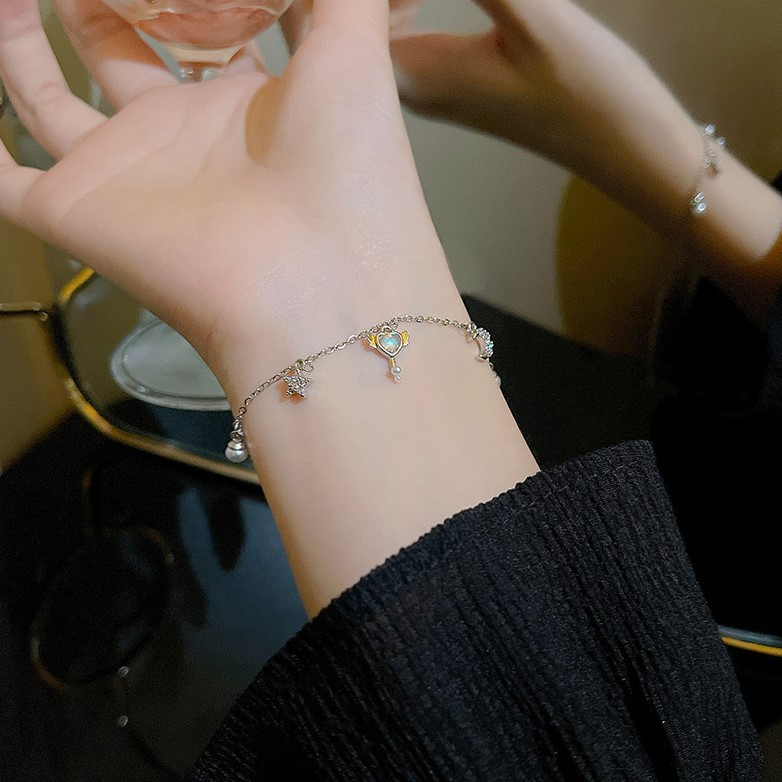 Vòng Tay Thép Titan Đính Ngọc Trai / Ngôi Sao / Mặt Trăng Màu Bạc Thời Trang Mùa Hè Phong Cách Hàn Quốc Cho