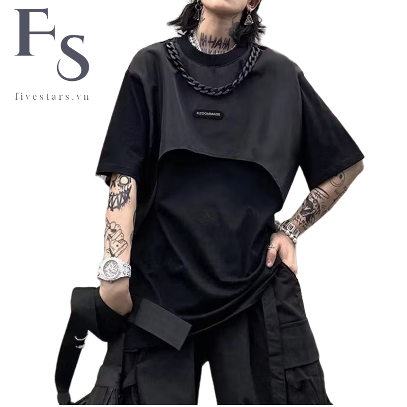 【M-3XL】Áo thun ngắn tay cổ tròn thời trang xu hướng mỹ cho nam áo phông nam form rộng phong cách đường phố thời trang áo phông hiphop áo phông đen nam sát nách giả hai lớp dáng rộng màutối đa chức