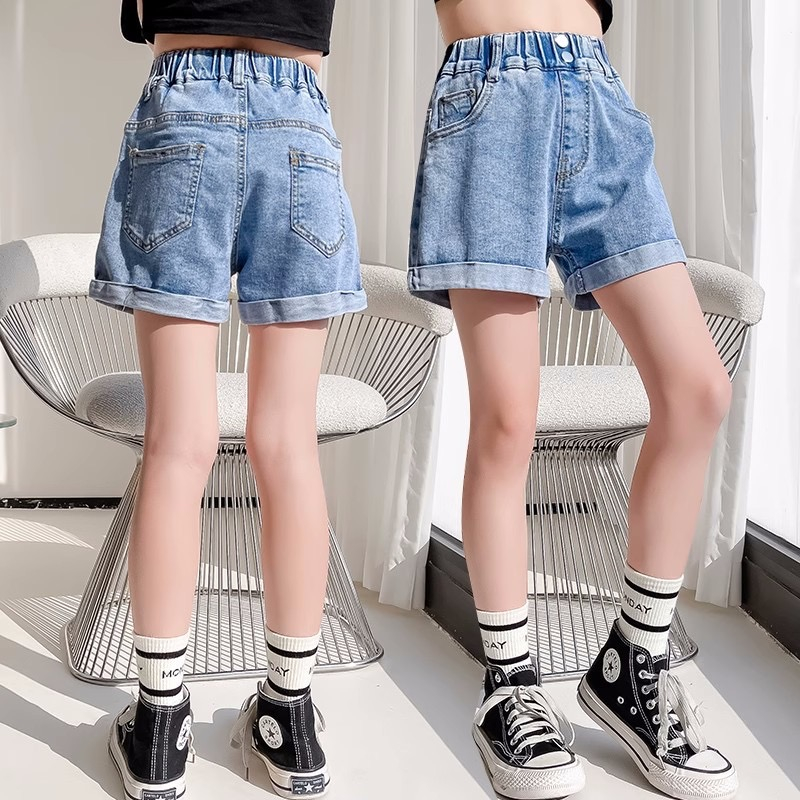 Quần short Jean Lưng Cao Mềm Mại Dáng Rộng Quyến Rũ Cho Bé Gái 3-12 Tuổi
