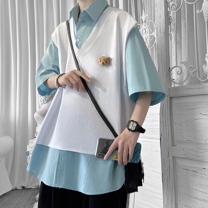 Áo Sơ Mi Tay Lửng Cổ Vuông áo Sơ Mi Màu Thanh Thiếu Niên Phổ Biến Màu Sắc Mùa Hè đơn Giản Dáng Rộng Màu Trơn Sơ Mi Tay Lỡ Thời Trang Mùa Hè Trẻ Trung Phổ Biến áo Sơ Mi Nam Big Size