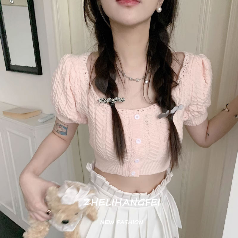 ZHELIHANGFEI Áo Dệt Kim Tay Ngắn Phồng Cổ Vuông Thời Trang Mùa Hè Ngọt Ngào Dành Cho Nữ