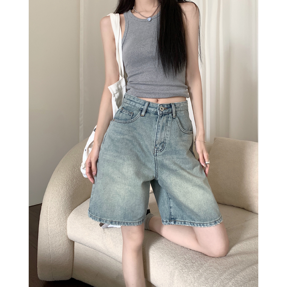 NUZIRO Quần short denim Lưng Cao Ống Rộng Màu Xanh Dương Thời Trang Mùa Hè Cho Bé Gái