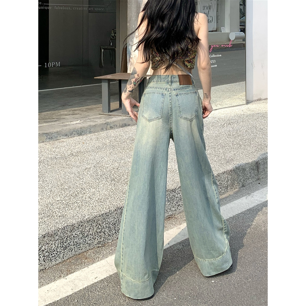 NUZIRO Quần jeans Dài Lưng Cao Ống Rộng Thời Trang Hàn Quốc Cho Nữ