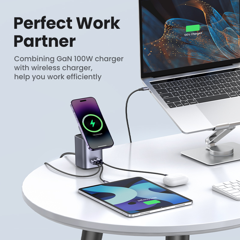Đế sạc nhanh không dây UGREEN 4 trong 1 100w/2 USB C PD 100W+1 USB-A 22.5W thích hợp cho MacBook iPhone 14/Samsung S23