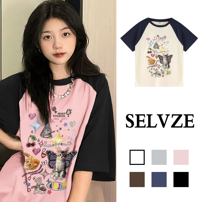 Áo Thun cotton Tay Ngắn Dáng Rộng In Màu Sắc Tương Phản Phong Cách Cổ Điển Thời Trang Mùa Hè Dành Cho Nữ