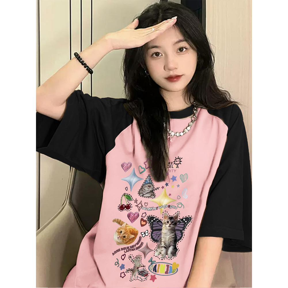 Áo Thun cotton Tay Ngắn Dáng Rộng In Màu Sắc Tương Phản Phong Cách Cổ Điển Thời Trang Mùa Hè Dành Cho Nữ