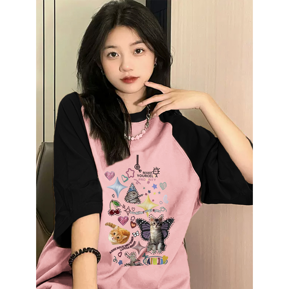 Áo Thun cotton Tay Ngắn Dáng Rộng In Màu Sắc Tương Phản Phong Cách Cổ Điển Thời Trang Mùa Hè Dành Cho Nữ