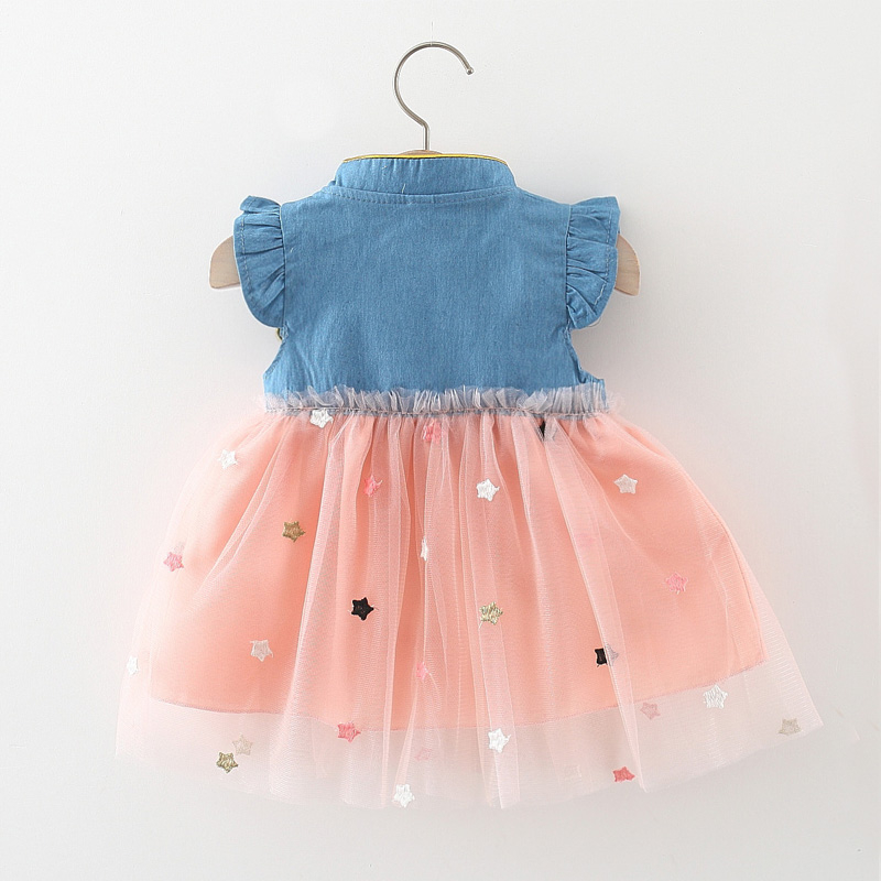 Đầm Denim Phối Lưới Thêu Ngôi Sao Xinh Xắn Thời Trang Mùa Hè Cho Bé Gái