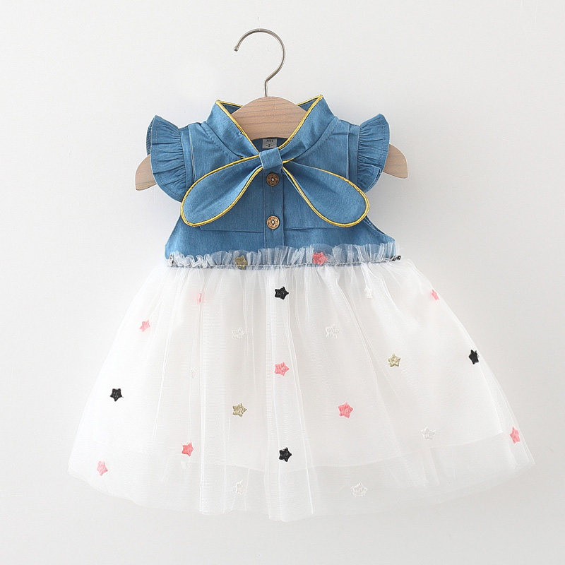 Đầm Denim Phối Lưới Thêu Ngôi Sao Xinh Xắn Thời Trang Mùa Hè Cho Bé Gái