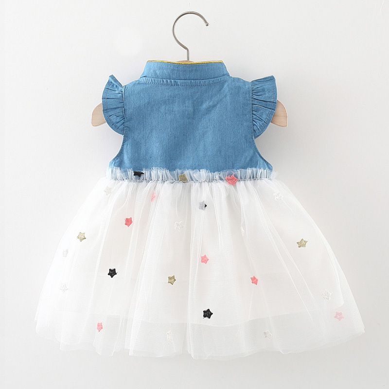 Đầm Denim Phối Lưới Thêu Ngôi Sao Xinh Xắn Thời Trang Mùa Hè Cho Bé Gái