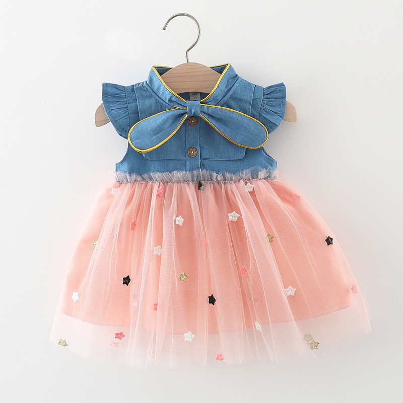 Đầm Denim Phối Lưới Thêu Ngôi Sao Xinh Xắn Thời Trang Mùa Hè Cho Bé Gái