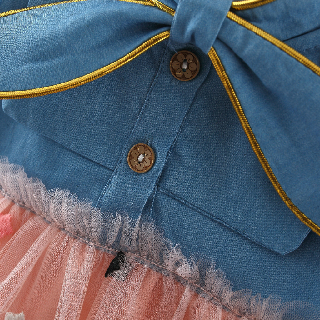 Đầm Denim Phối Lưới Thêu Ngôi Sao Xinh Xắn Thời Trang Mùa Hè Cho Bé Gái