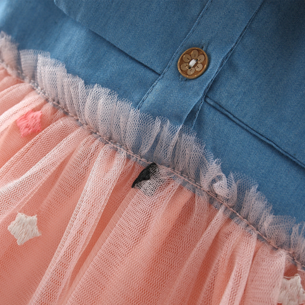 Đầm Denim Phối Lưới Thêu Ngôi Sao Xinh Xắn Thời Trang Mùa Hè Cho Bé Gái