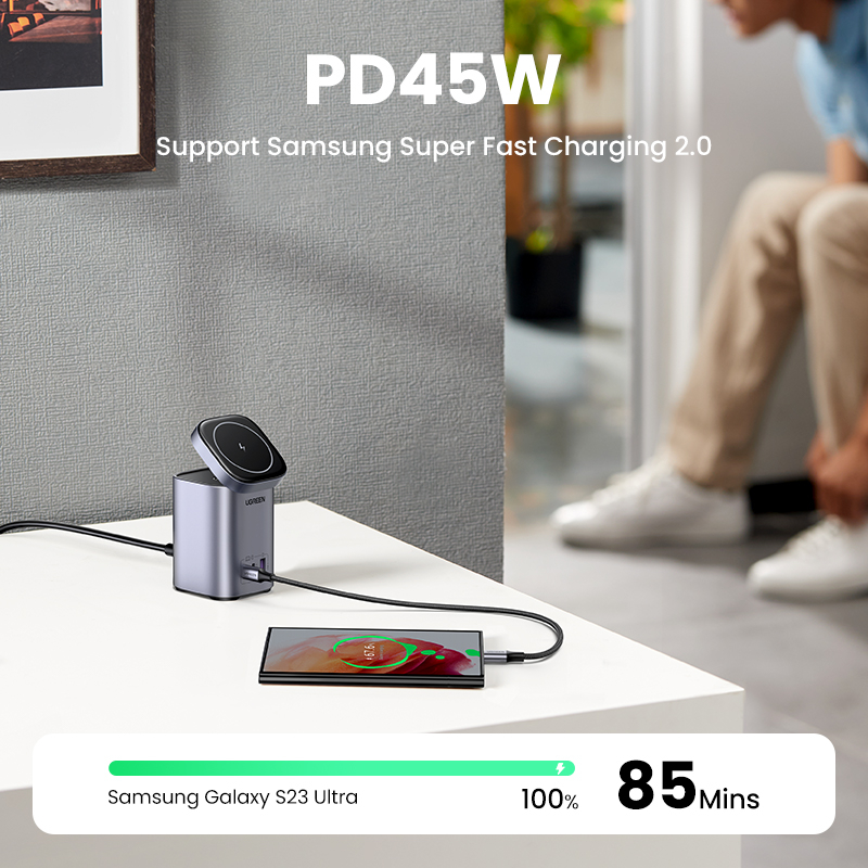 Đế sạc nhanh không dây UGREEN 4 trong 1 100w/2 USB C PD 100W+1 USB-A 22.5W thích hợp cho MacBook iPhone 14/Samsung S23