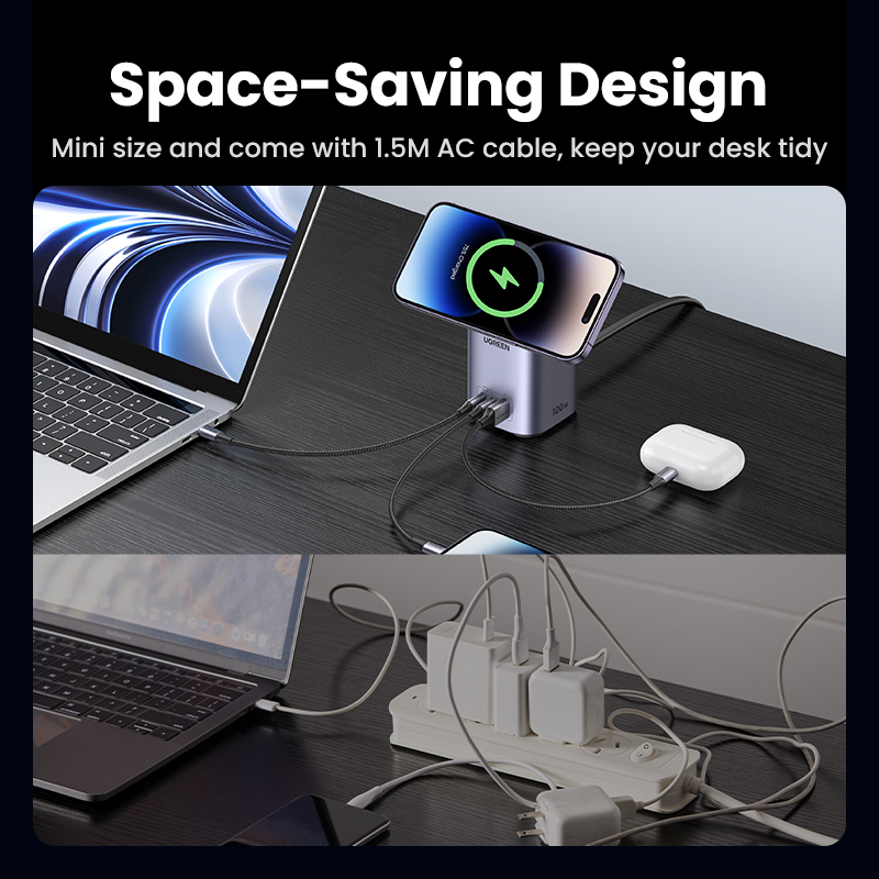 Đế sạc nhanh không dây UGREEN 4 trong 1 100w/2 USB C PD 100W+1 USB-A 22.5W thích hợp cho MacBook iPhone 14/Samsung S23