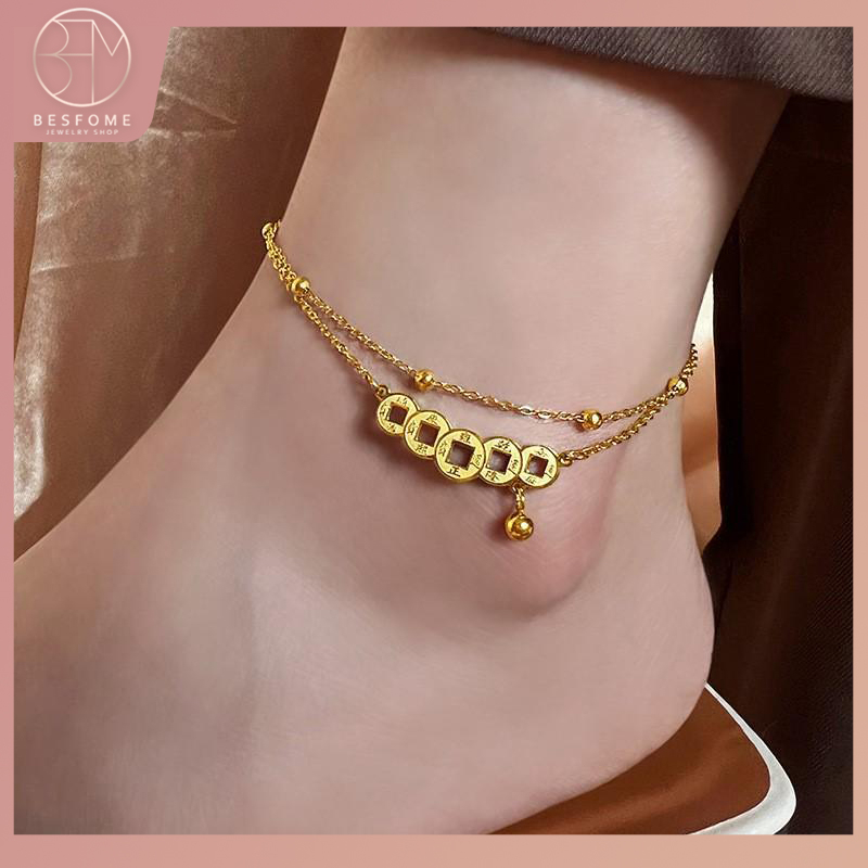 Lắc Chân Mạ Vàng 18K Hai Lớp Đính Chuông Nhỏ Thời Trang Cho Nữ