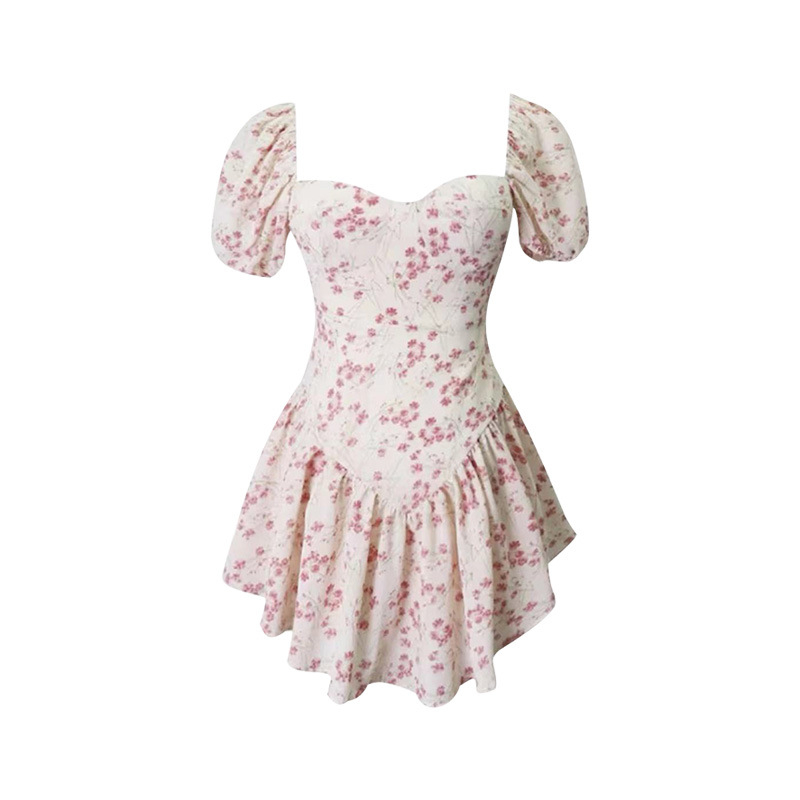 Đầm hoa vỡ nữ Bong bóng tay áo Pháp vuông cổ ngắn tay áo váy mùa hè khí chất váy ngắn  HZFWC0817