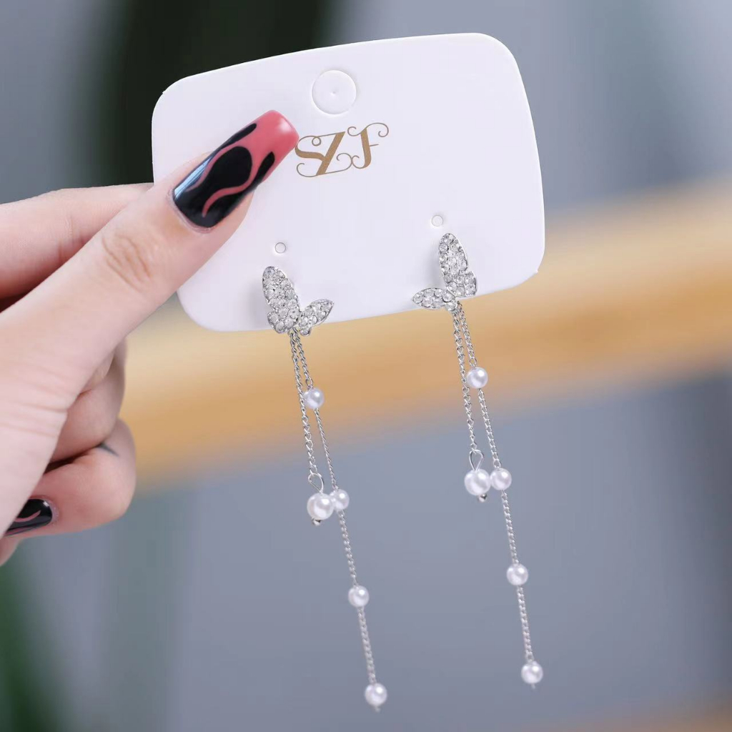 Bông Tai Kim Loại Dáng Dài Hình Bướm Phối Tua Rua Dễ Thương Thời Trang Cho Nữ PD1494