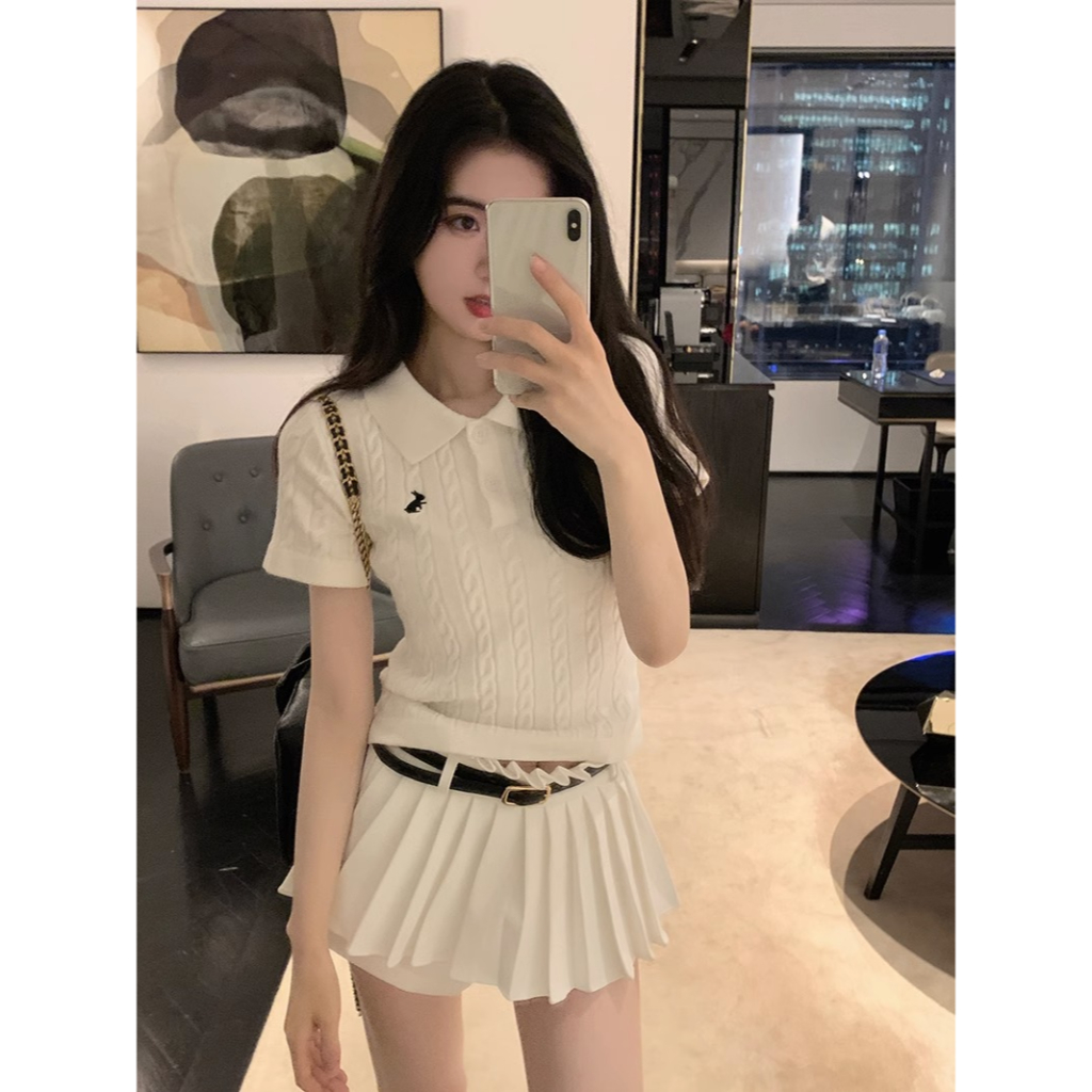 Honypove Áo Thun polo Dệt Kim Tay Ngắn Hở Vai Màu Trơn Ngọt Ngào Thời Trang Mùa Hè Cho Nữ