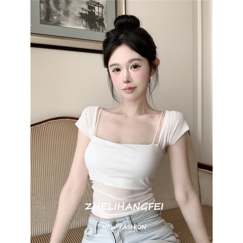 ZHELIHANGFEI Áo Thun Tay Ngắn Cổ Vuông Phối Vải Lưới Thời Trang Cho Nữ