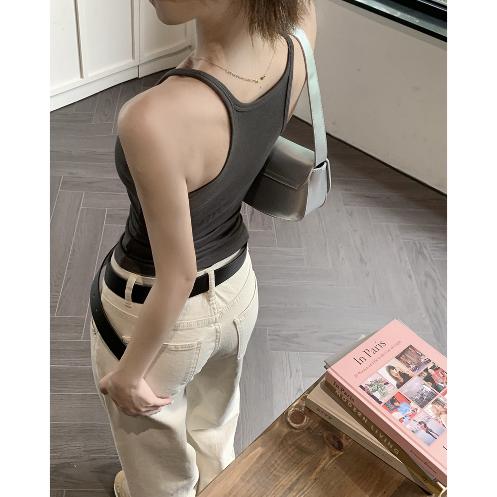 ZHELIHANGFEI Áo Hai Dây Cổ Tròn Màu Trắng Trơn Dáng Ôm Co Giãn Thời Trang Cho Bạn Gái