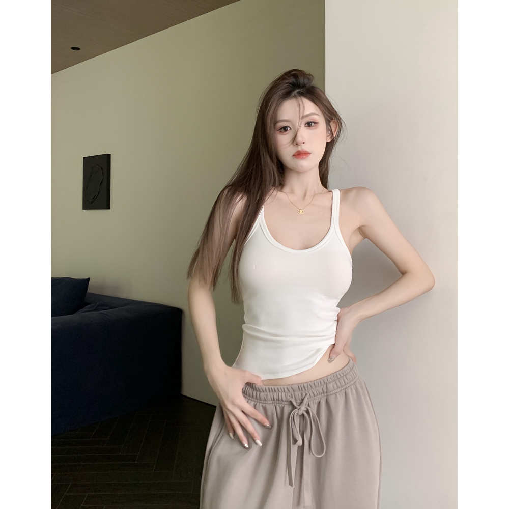 ZHELIHANGFEI Áo Hai Dây Cổ Tròn Màu Trắng Trơn Dáng Ôm Co Giãn Thời Trang Cho Bạn Gái