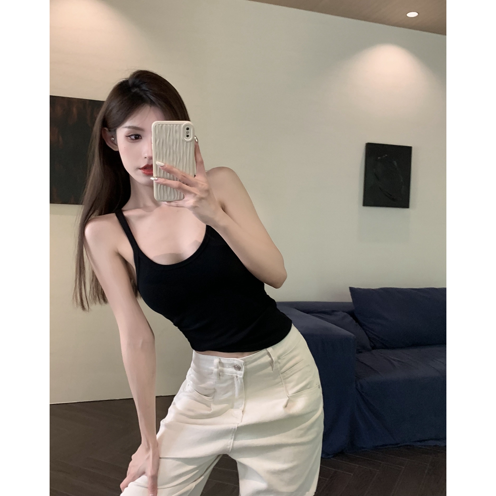 ZHELIHANGFEI Áo Hai Dây Cổ Tròn Màu Trắng Trơn Dáng Ôm Co Giãn Thời Trang Cho Bạn Gái