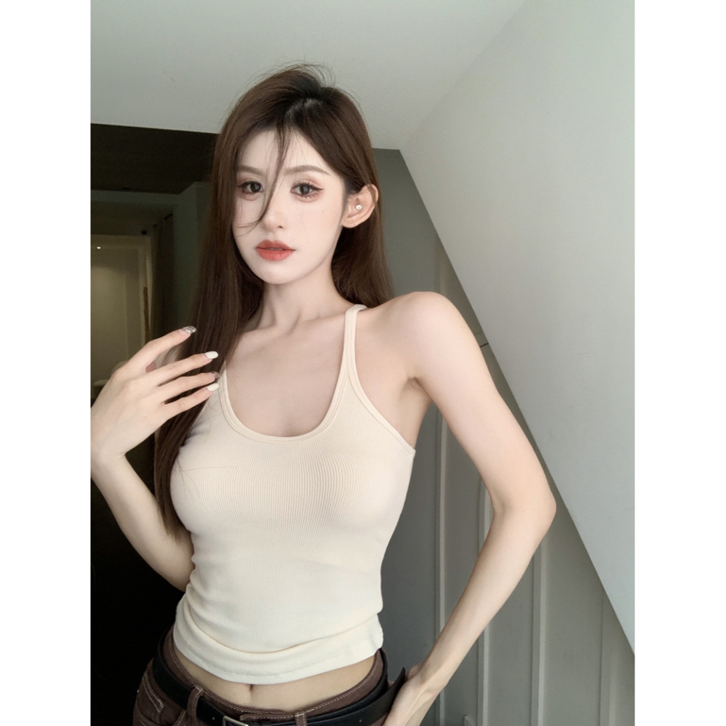 ZHELIHANGFEI Áo Hai Dây Cổ Tròn Màu Trắng Trơn Dáng Ôm Co Giãn Thời Trang Cho Bạn Gái