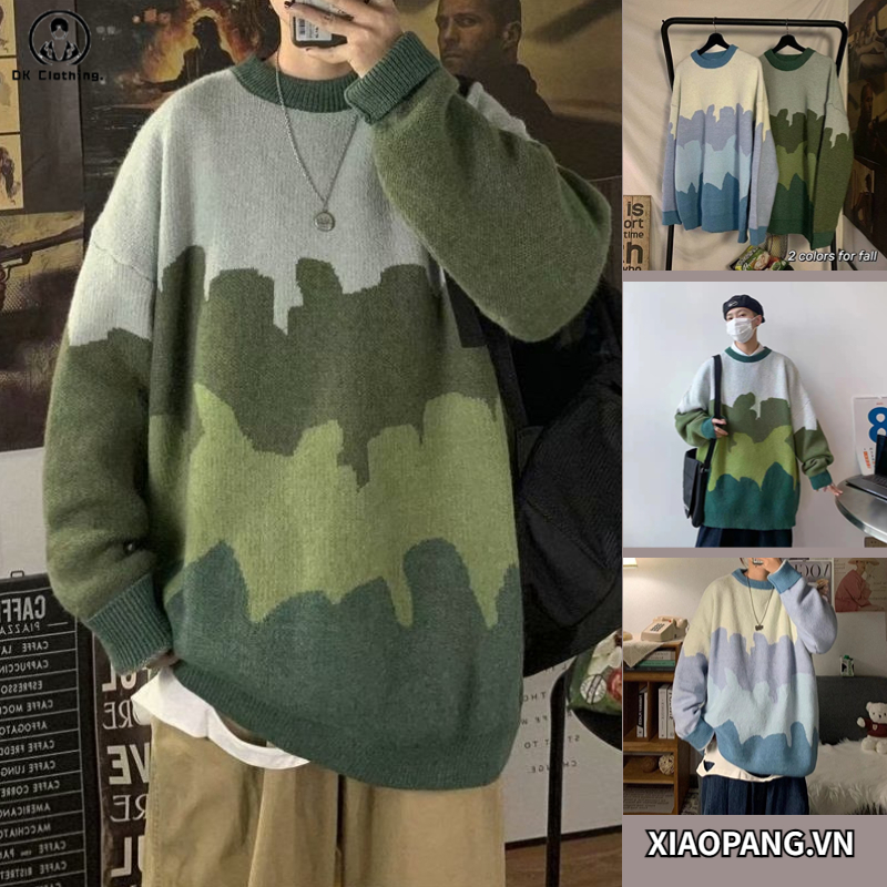 Áo len Mềm Mại Phong Cách Cổ điển Nhật Bản thời trang from rộng áo len xanh áo sweater Hale staining literatur indah top áo sweater dệt kim