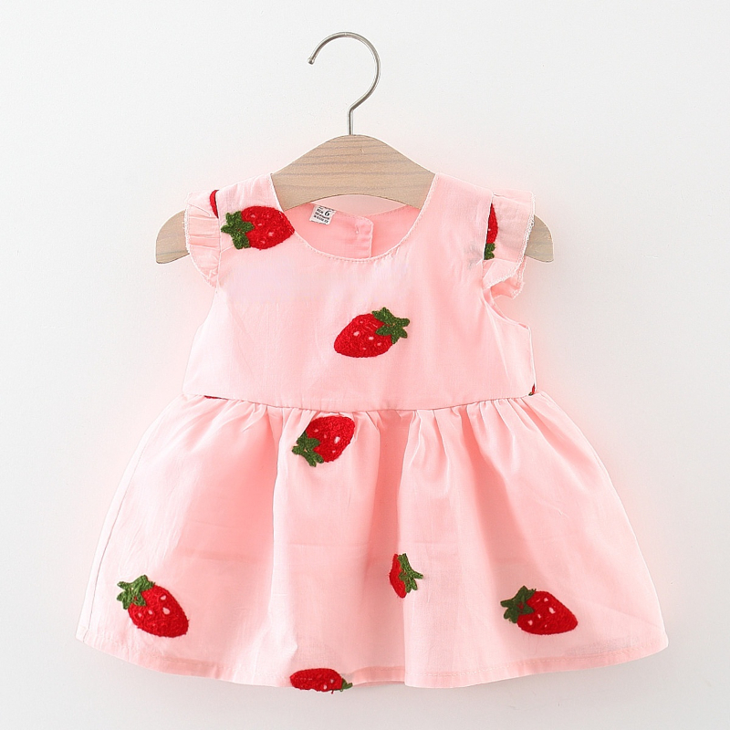 Đầm Cotton Thêu Hình Trái Dâu Dễ Thương Thời Trang Mùa Hè Cho Bé Gái Sơ Sinh