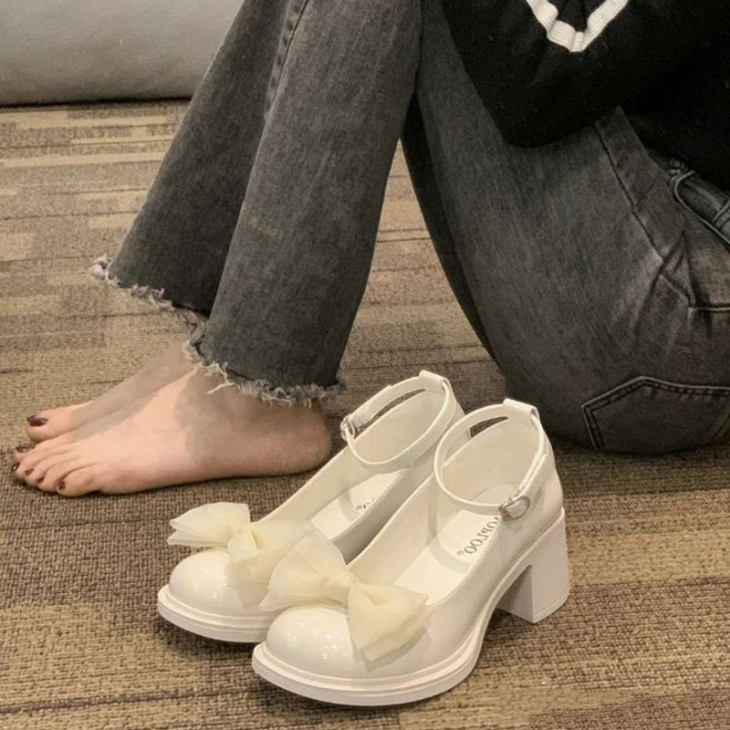 One more shoes⭐Giày Da Mũi Tròn Gót Dày Đính Nơ Phong Cách Anh Quốc Cho Nữ