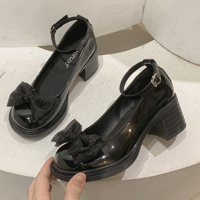 One more shoes⭐Giày Da Mũi Tròn Gót Dày Đính Nơ Phong Cách Anh Quốc Cho Nữ