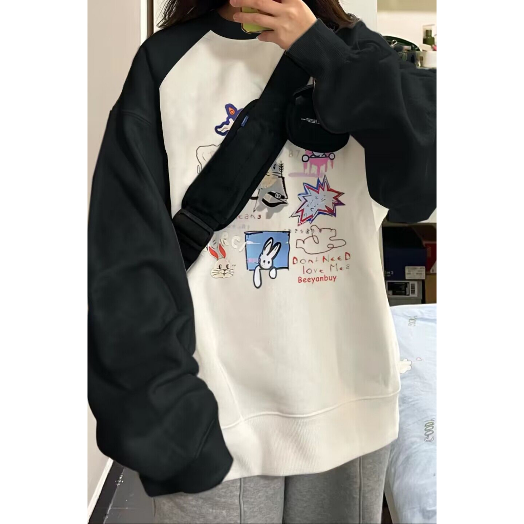 100% Cotton oversize áo nỉ Áo sweater Raglan Tay Dài Màu Tương Phản Thời Trang Mùa Thu Mới Cho Nam Và Nữ