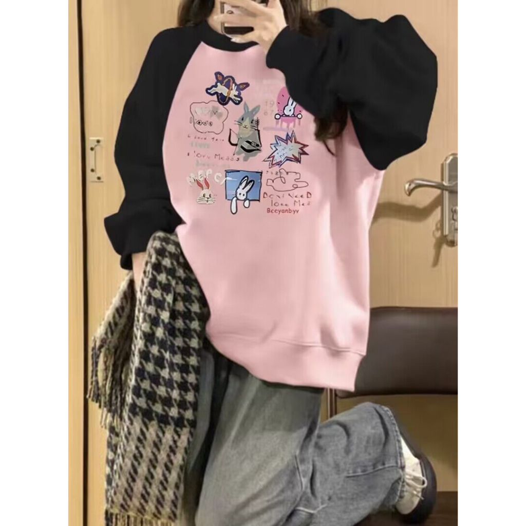 100% Cotton oversize áo nỉ Áo sweater Raglan Tay Dài Màu Tương Phản Thời Trang Mùa Thu Mới Cho Nam Và Nữ