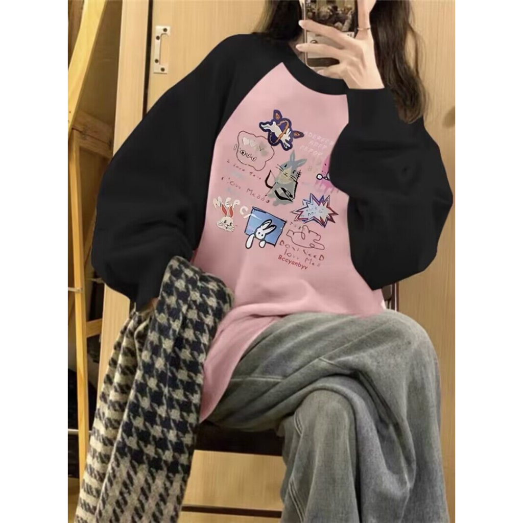 100% Cotton oversize áo nỉ Áo sweater Raglan Tay Dài Màu Tương Phản Thời Trang Mùa Thu Mới Cho Nam Và Nữ