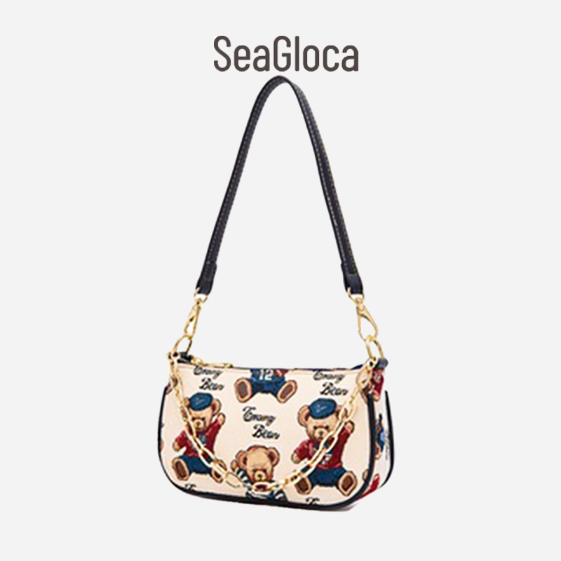 Túi đeo dưới cánh tay SEAGLOCA bằng vải canvas họa tiết gấu đáng yêu cho nữ