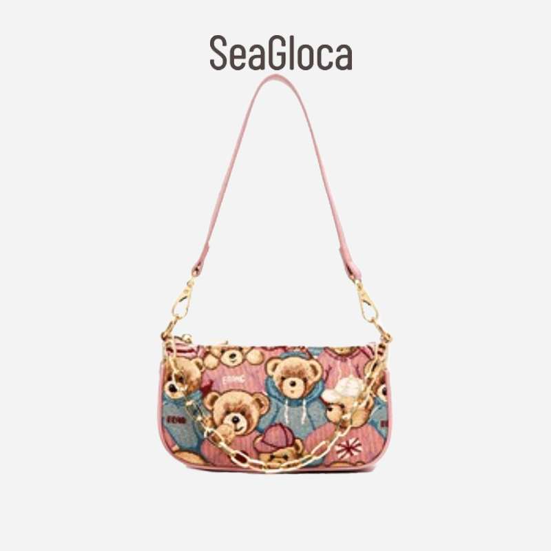 Túi đeo dưới cánh tay SEAGLOCA bằng vải canvas họa tiết gấu đáng yêu cho nữ